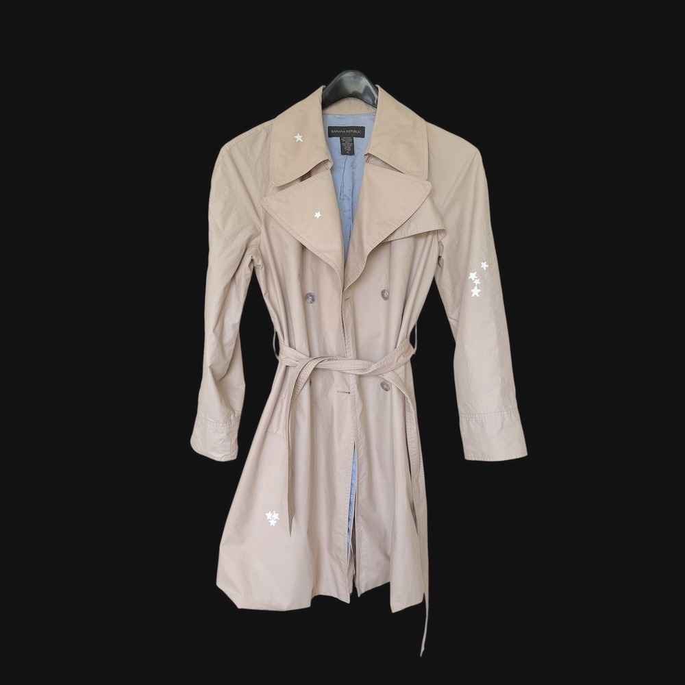 90's Banana Republic Womens Belted Trench Coat Khaki Tan Custom Painted Sz M